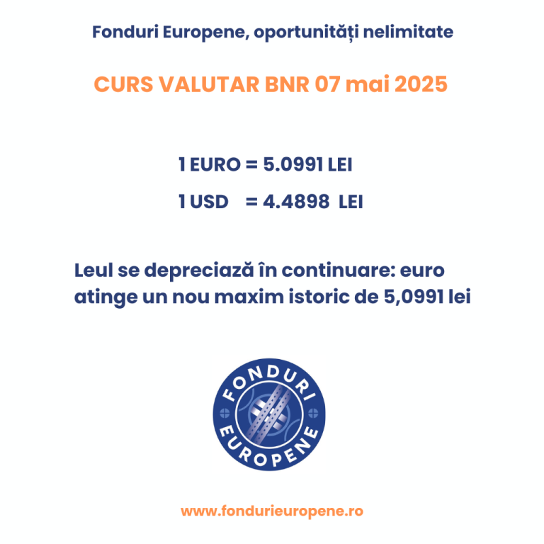 Leul se depreciază în continuare: euro atinge un nou maxim istoric de 5,0991 lei Curs valutar BNR